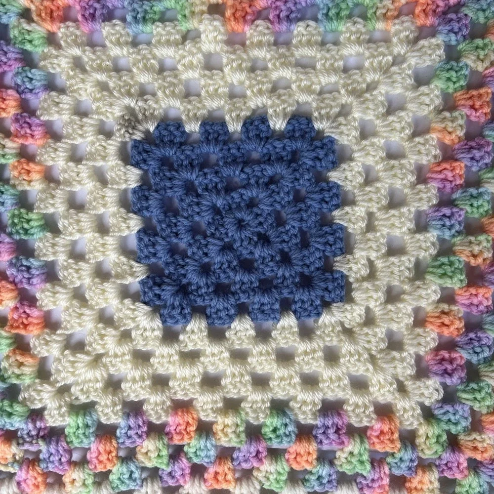 VTG Handmade Granny Square Crochet Table Topper 24